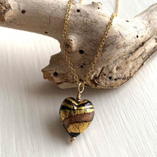 Necklace with black pastel and aventurine swirl Murano glass small heart pendant on gold chain