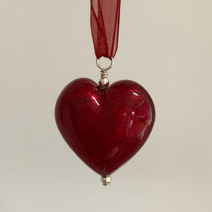 Necklace with red Murano glass large heart pendant on organza ribbon