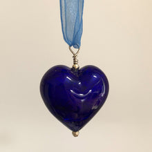 Necklace with dark blue (cobalt) pastel Murano glass large heart pendant on organza ribbon