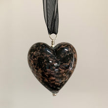 Necklace with black pastel and aventurine Murano glass large heart pendant on ribbon