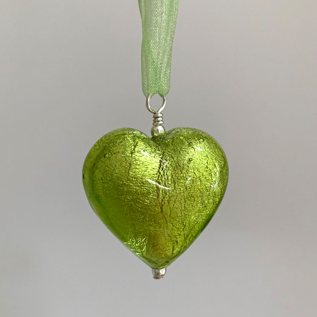 Necklace with light green (lime) Murano glass large heart pendant on ribbon