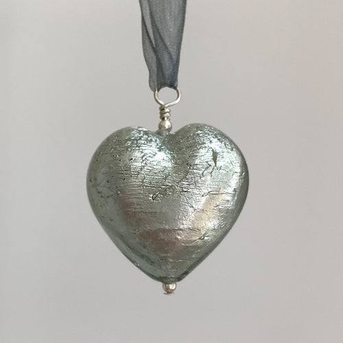 Necklace with grey Murano glass large heart pendant on organza ribbon