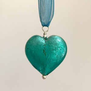 Necklace with teal (green, jade) Murano glass large heart pendant on organza ribbon