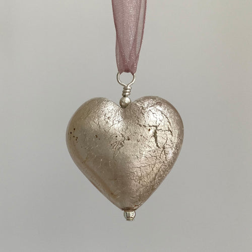 Necklace with champagne (peach, pink) Murano glass large heart pendant on ribbon