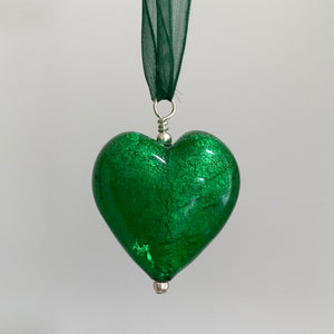Necklace with dark green (emerald) Murano glass large heart pendant on organza ribbon