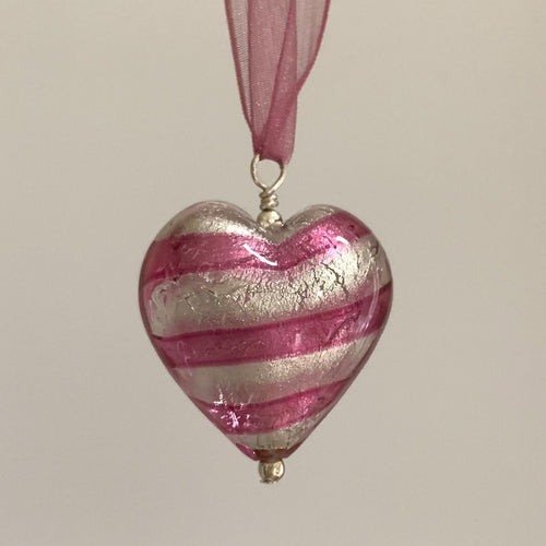 Necklace with candy stripe pink Murano glass large heart pendant on organza ribbon