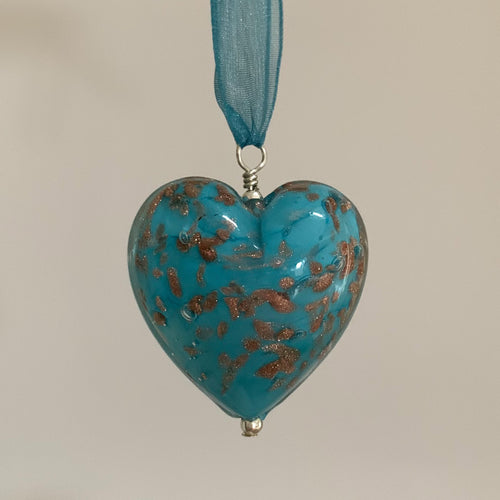 Necklace with blue pastel and aventurine Murano glass large heart pendant on ribbon
