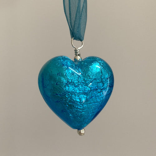 Necklace with turquoise (blue) Murano glass large heart pendant on organza ribbon