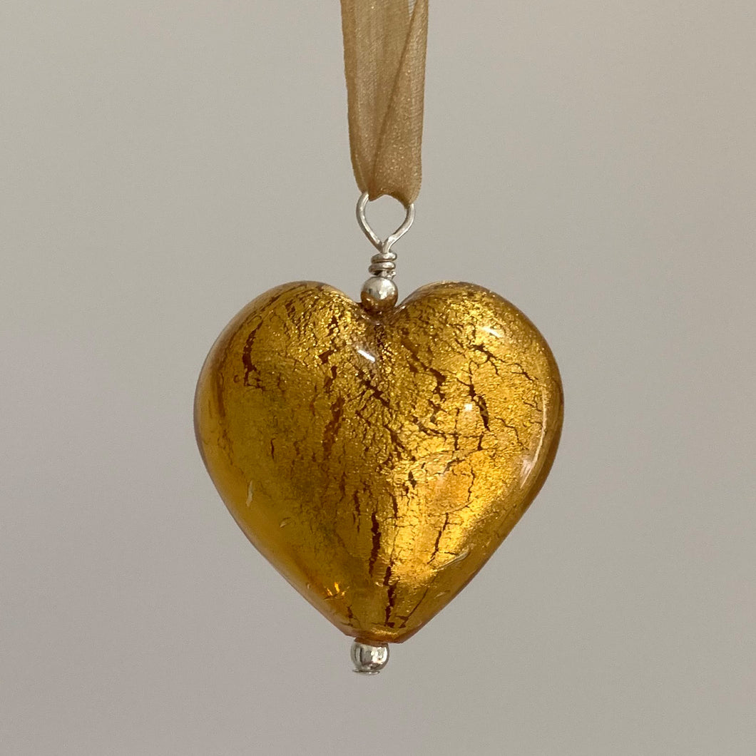 Necklace with gold topaz (amber, brown) Murano glass large heart pendant on ribbon