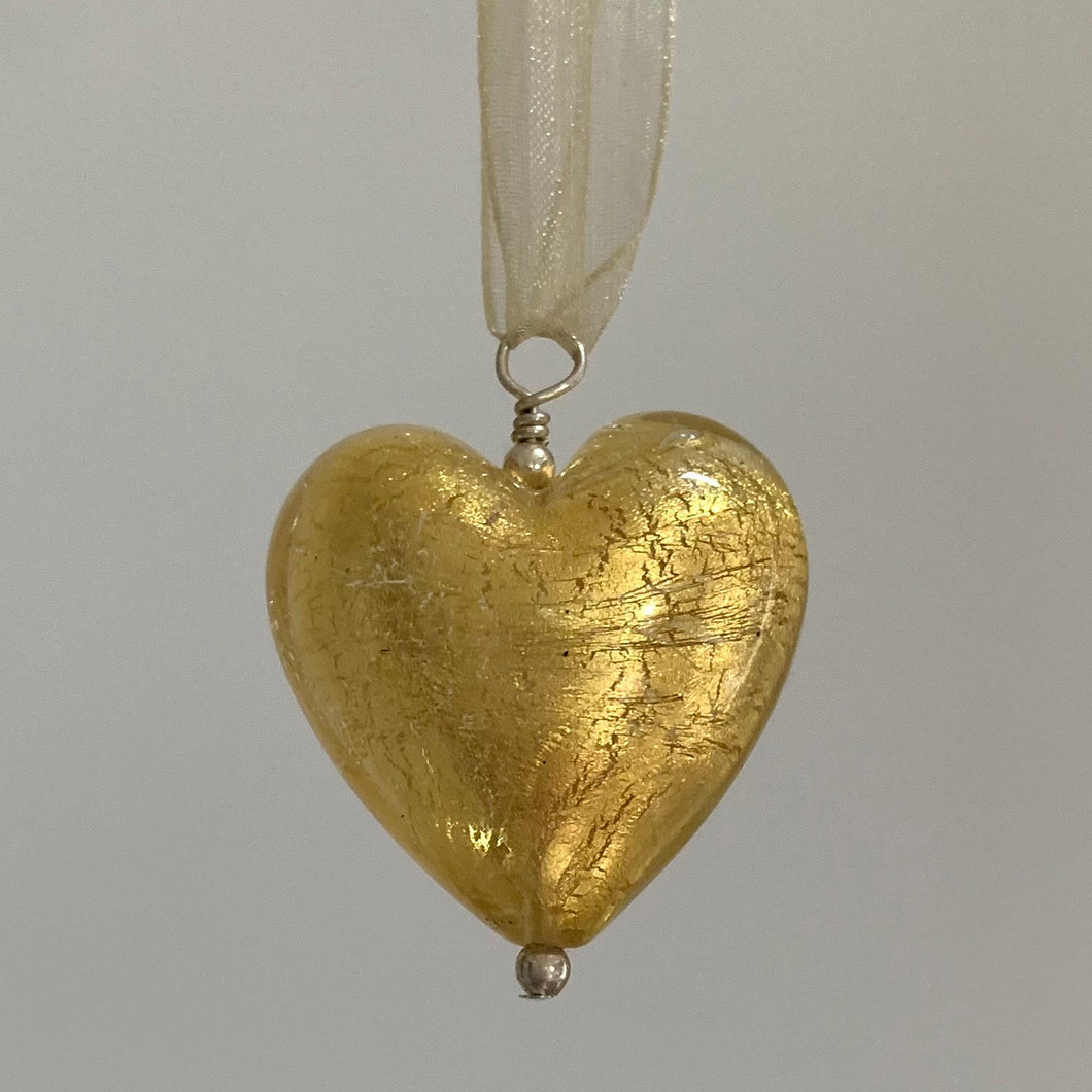 Necklace with light (pale) gold Murano glass large heart pendant on organza ribbon