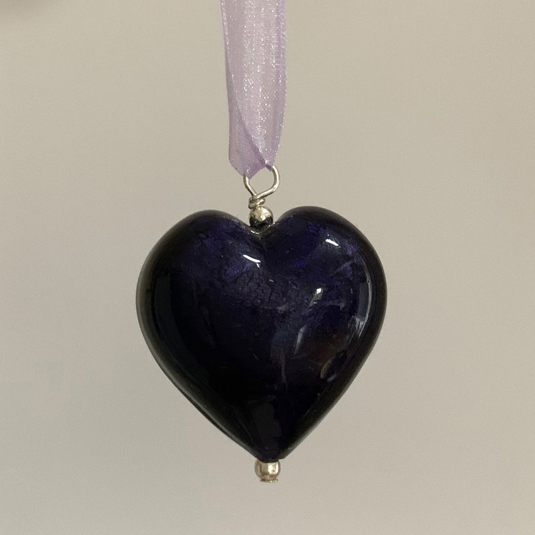 Necklace with purple velvet Murano glass large heart pendant on organza ribbon
