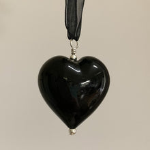 Necklace with black pastel Murano glass large heart pendant on organza ribbon