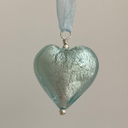 Necklace with aquamarine (blue) Murano glass large heart pendant on organza ribbon