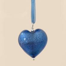 Necklace with cornflower blue Murano glass large heart pendant on organza ribbon