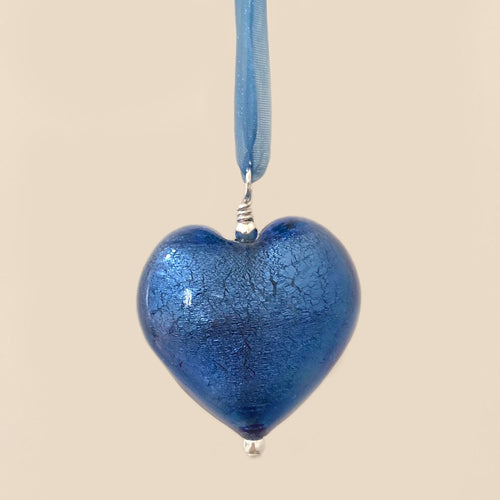 Necklace with cornflower blue Murano glass large heart pendant on organza ribbon