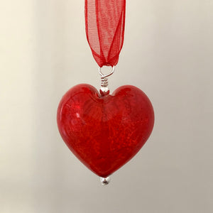 Necklace with light red Murano glass large heart pendant on organza ribbon