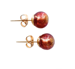 Earrings with burnt orange (rose pink) Murano glass sphere studs on 24ct gold plated posts