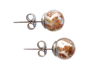 Earrings with white pastel and aventurine Murano glass sphere studs on surgical steel posts