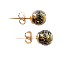 Earrings with black pastel and gold Murano glass sphere studs on 24ct gold plated posts