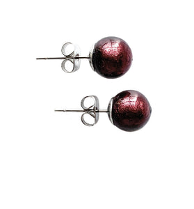 Earrings with dark amethyst (purple) Murano glass sphere studs on surgical steel posts