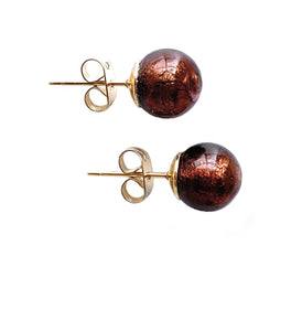 Earrings with golden brown (chocolate) Murano glass sphere studs on gold posts