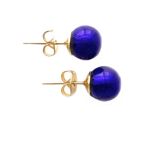 Earrings with dark blue (cobalt) Murano glass sphere studs on 24ct gold plated or steel posts