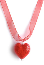 Necklace with light red Murano glass large heart pendant on organza ribbon