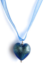 Necklace with blue and gold Murano glass large heart pendant on organza ribbon