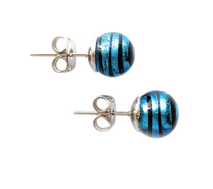 Earrings with turquoise (blue) and black Murano glass sphere studs on surgical steel posts