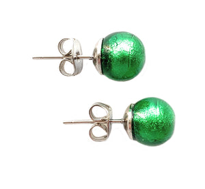 Earrings with dark green (emerald) Murano glass sphere studs on surgical steel posts