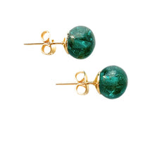 Earrings with teal (green) opal aventurine Murano glass sphere studs on 24ct gold plated posts