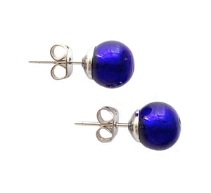 Earrings with dark blue (cobalt) Murano glass sphere studs on 24ct gold plated or steel posts