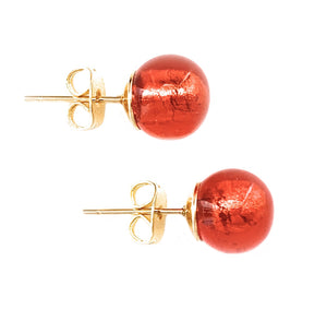 Earrings with light red Murano glass sphere studs on 24ct gold plated posts