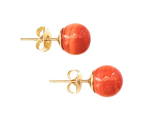 Earrings with light red pastel Murano glass sphere studs on 24ct gold plated posts