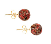 Earrings with red pastel aventurine Murano glass sphere studs on 24ct gold plated posts
