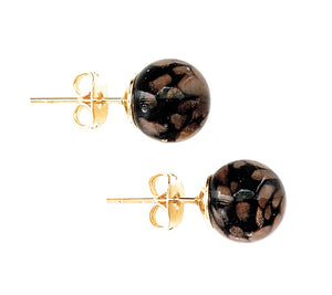 Earrings with black pastel aventurine Murano glass sphere studs on 24ct gold plated or steel posts