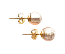 Earrings with champagne (peach, pink) Murano glass sphere studs on 24ct gold plated posts