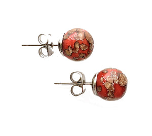 Earrings with red pastel aventurine Murano glass sphere studs on 24ct gold plated posts