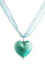 Necklace with teal (green, jade) Murano glass large heart pendant on organza ribbon