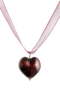 Necklace with dark amethyst (purple) Murano glass large heart pendant on organza ribbon