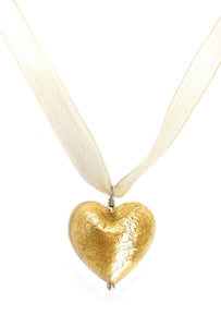 Necklace with light (pale) gold Murano glass large heart pendant on organza ribbon