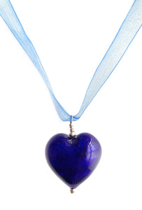 Necklace with dark blue (cobalt) pastel Murano glass large heart pendant on organza ribbon