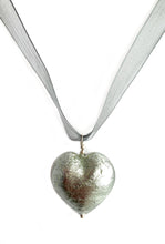 Necklace with grey Murano glass large heart pendant on organza ribbon