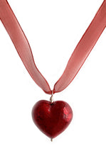Necklace with red Murano glass large heart pendant on organza ribbon