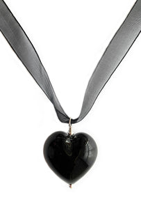 Necklace with black pastel Murano glass large heart pendant on organza ribbon