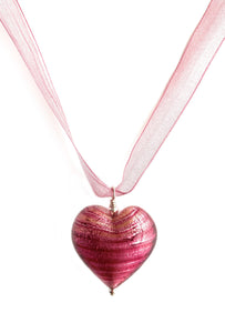 Necklace with rose pink (cerise) Murano glass large heart pendant on organza ribbon
