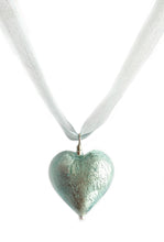 Necklace with aquamarine (blue) Murano glass large heart pendant on organza ribbon