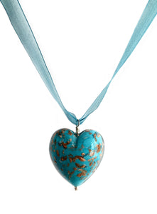 Necklace with blue pastel and aventurine Murano glass large heart pendant on ribbon