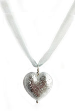 Necklace with clear crystal and white gold Murano glass large heart pendant on ribbon