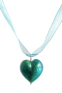 Necklace with sea green (jade, teal) Murano glass large heart pendant on organza ribbon